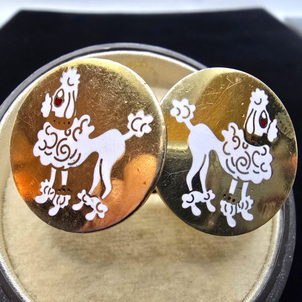 Vintage Mid-century White Enamel Poodle Cufflinks 1960s Kitsch
